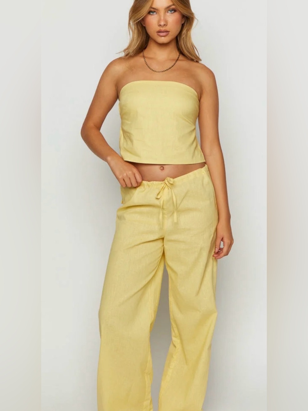 Strapless Linen-Blend Crop Top & Wide-Leg Pants Set - Yellow